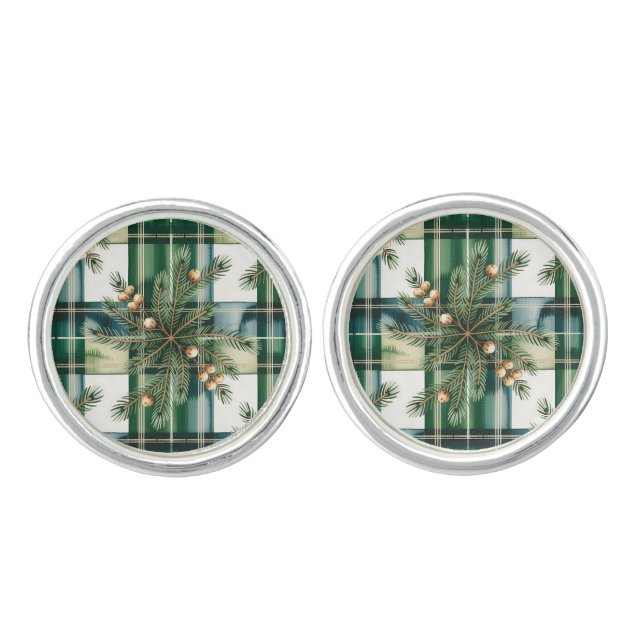 Vintage Green White Gingham Pattern Cufflinks (Front)