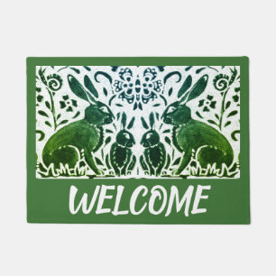 Vintage Green White Rabbit Hare Foliage Welcome Doormat