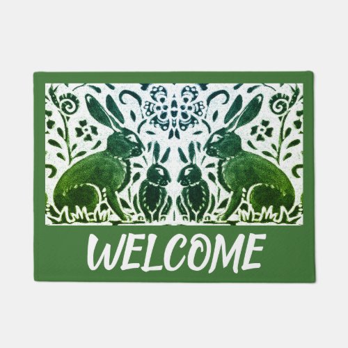 Vintage Green White Rabbit Hare Foliage Welcome Doormat