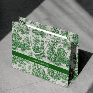 Vintage Green White Toile de Jouy French Scene Large Gift Bag
