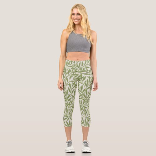 Vintage Green Willow Leaves Botanical Capri Leggings