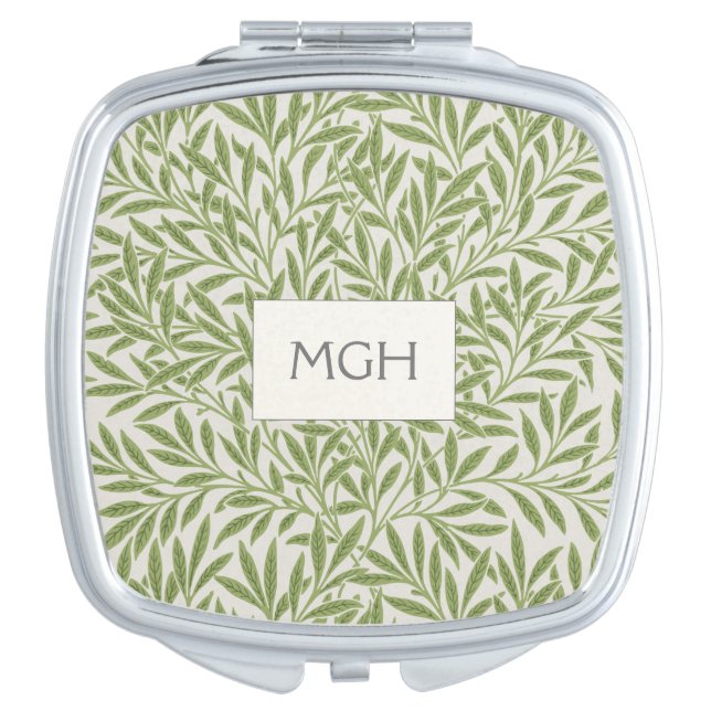 Vintage Green Willow Leaves Monogram Compact Mirror (Front)