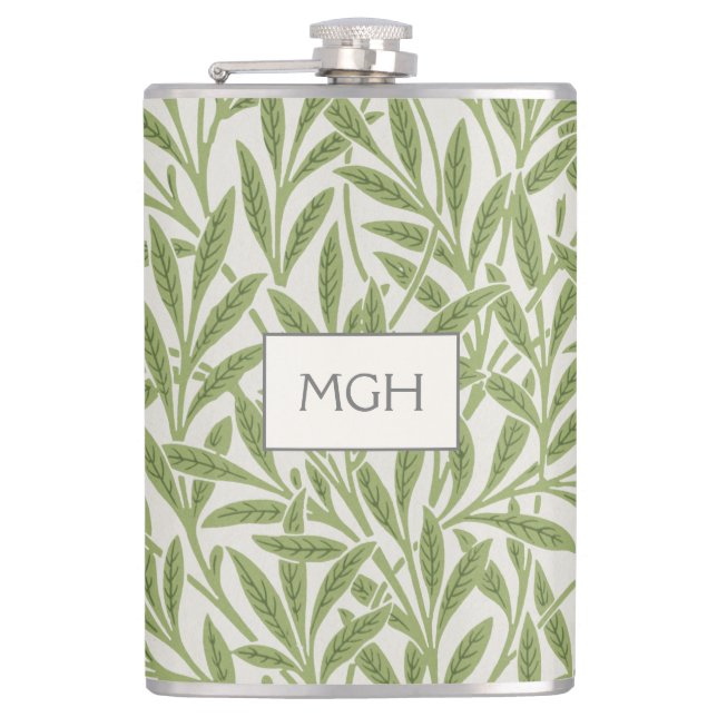 Vintage Green Willow Leaves Monogram Flask (Front)