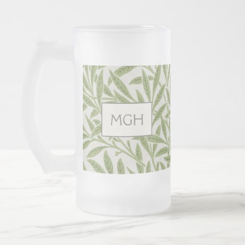 Vintage Green Willow Leaves Monogram Frosted Glass Beer Mug