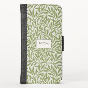 Vintage Green Willow Leaves Monogram iPhone XS Wallet Case