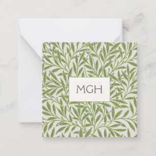 Vintage Green Willow Leaves Monogram Note Card