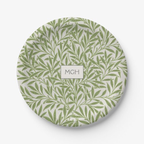 Vintage Green Willow Leaves Monogram Paper Plates