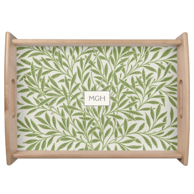 Vintage Green Willow Leaves Monogram Serving Tray (Front)