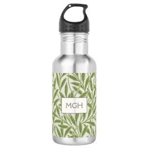 Vintage Green Willow Leaves Monogram Stainless Steel Water Bottle