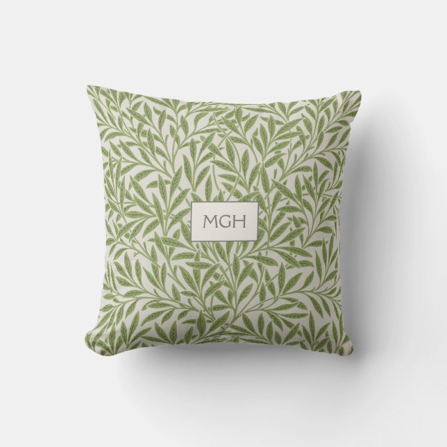 Vintage Green Willow Leaves Monogram Throw Pillow (Front)