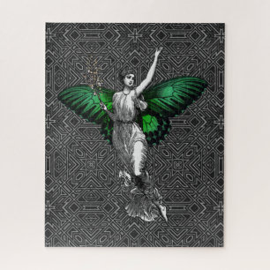 Vintage Green Wing Fairy Art Deco Jigsaw Puzzle