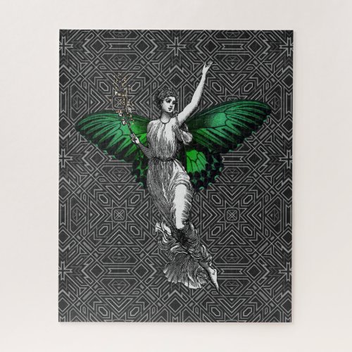 Vintage Green Wing Fairy Art Deco Jigsaw Puzzle