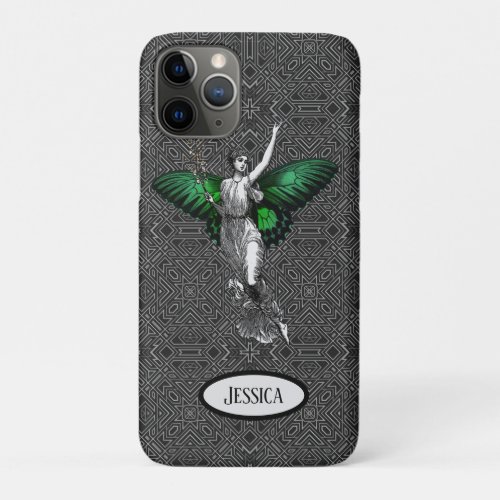 Vintage Green Wing Fairy Art Deco Personalized iPhone 11 Pro Case