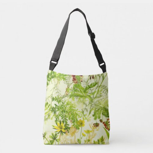 Vintage Green Woodland Botanical Leaves Wildflower Crossbody Bag