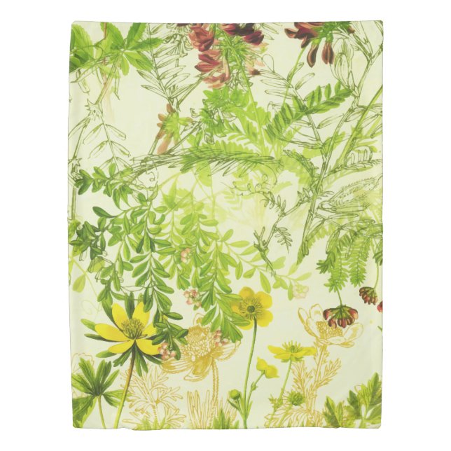 Vintage Green Woodland Botanical Leaves Wildflower Duvet Cover (Front)