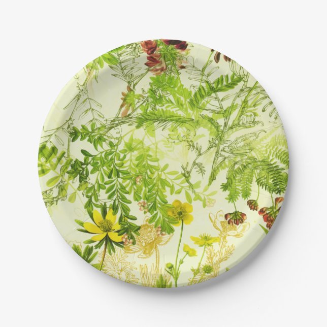 Vintage Green Woodland Botanical Leaves Wildflower Paper Plates (Front)