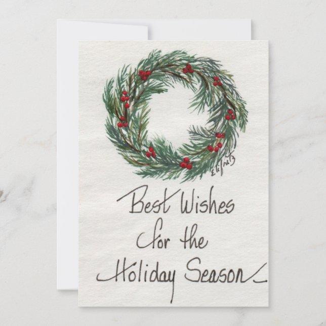 Vintage Green Wreath Best Wishes Painted  Holiday Card (Front)