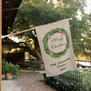 Vintage Green Wreath Christmas House Flag