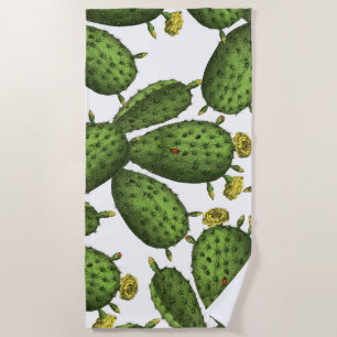 Vintage Green Yellow Floral Cactus Pattern Beach Towel