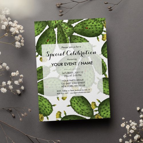 Vintage Green Yellow Floral Cactus Pattern Invitation