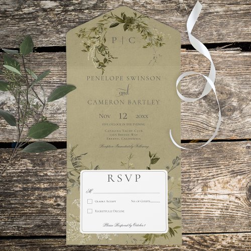 Vintage Greenery Monogram No Dinner All In One Invitation