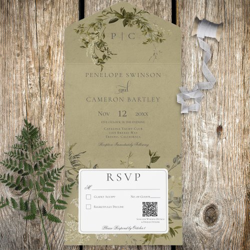 Vintage Greenery Monogram QR Code All In One Invitation