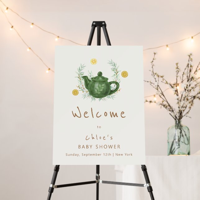 Vintage Greenery Par-Tea Baby Shower Welcome Sign (In Situ (Stand))