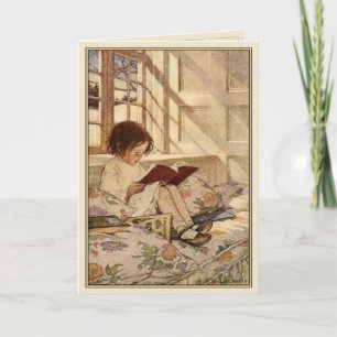 Vintage Greeting Card with Sweet Girl Reading