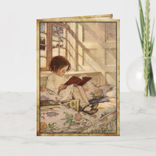 Vintage Greeting Card with Sweet Girl Reading