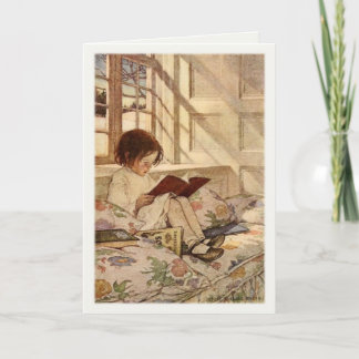 Vintage Greeting Card with Sweet Girl Reading