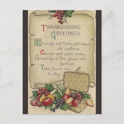 Vintage Greeting Grapes Picnic Basket Thanksgiving Postcard