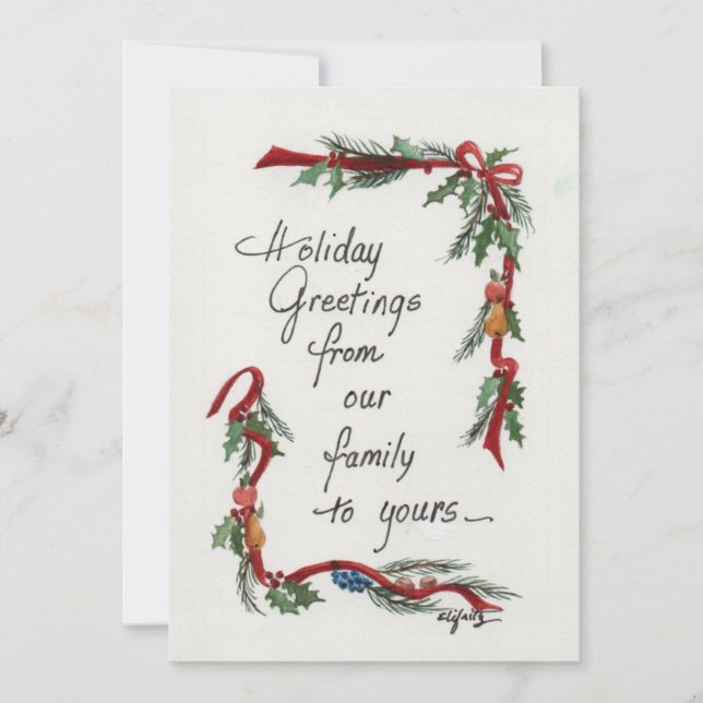 Vintage Greeting with red ribbon and holly border  Holiday Card (Front)