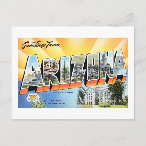 Vintage Greetings From Arizona Travel Poster Postcard