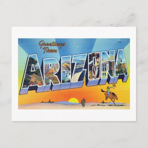 Vintage Greetings From Arizona Travel Poster Postcard