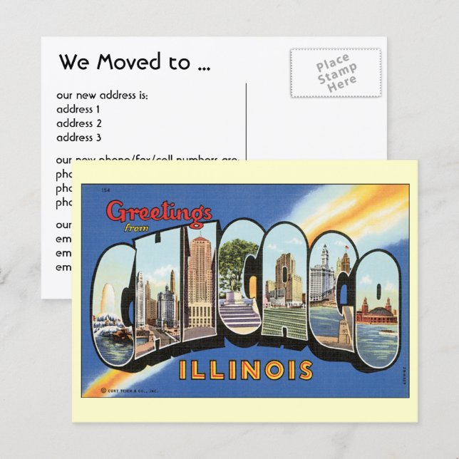 Vintage Greetings from Chicago, Change of Address Announcement Postcard (Front/Back)