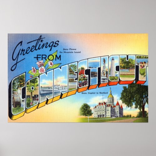 Vintage Greetings From Connecticut Travel Poster