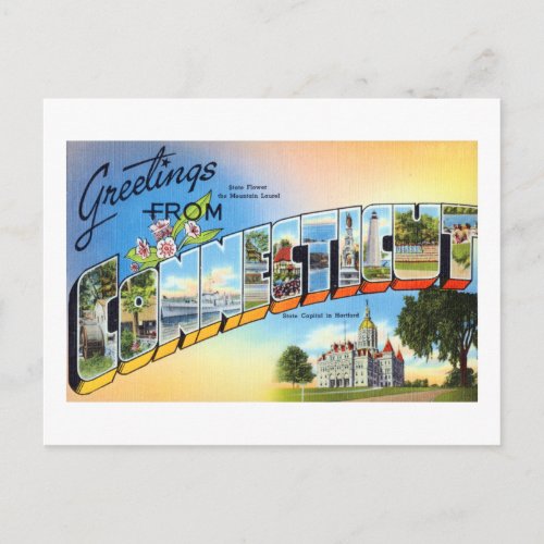 Vintage Greetings From Connecticut Travel Poster Postcard