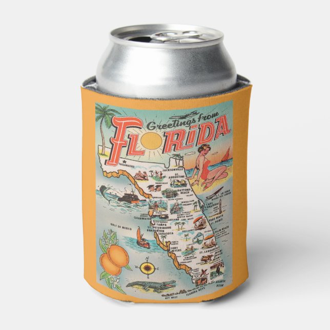 Vintage  Greetings from Florida map Can Cooler (Can Front)
