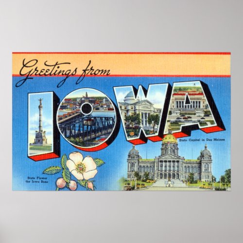 Vintage Greetings From Iowa Travel Poster