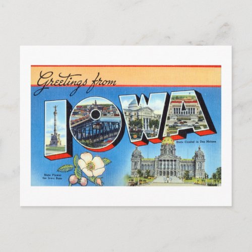 Vintage Greetings From Iowa Travel Poster Postcard
