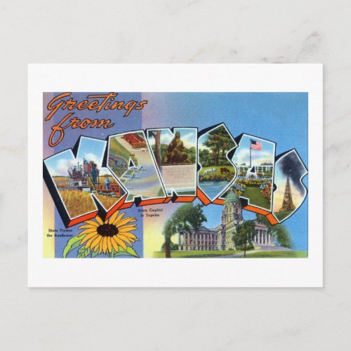 Vintage Greetings From Kansas Travel Poster Postcard