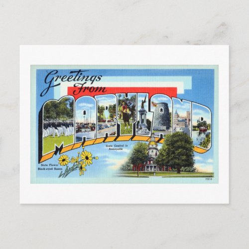 Vintage Greetings From Maryland Travel Poster Postcard