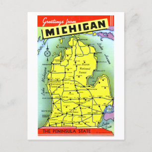 Vintage Greetings from Michigan Map Postcard