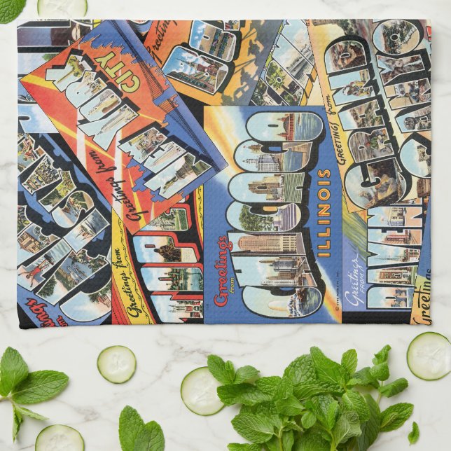 Vintage Greetings From ... Postcards Collage Kitchen Towel (Folded)
