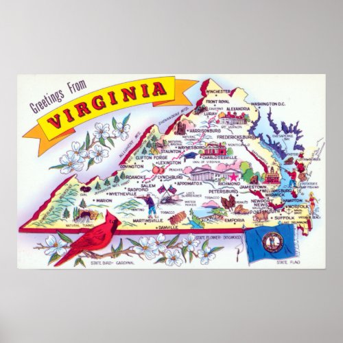 Vintage Greetings From Virginia Map Travel Poster