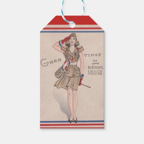 Vintage Greetings Girl Birthday Soldier Gift Tags