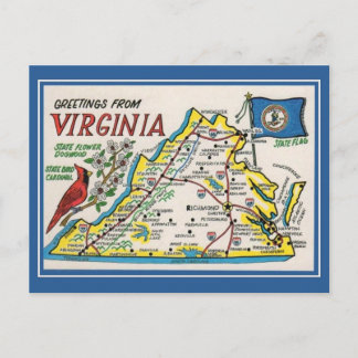 Vintage greetings Virginia map state flower, bird Postcard