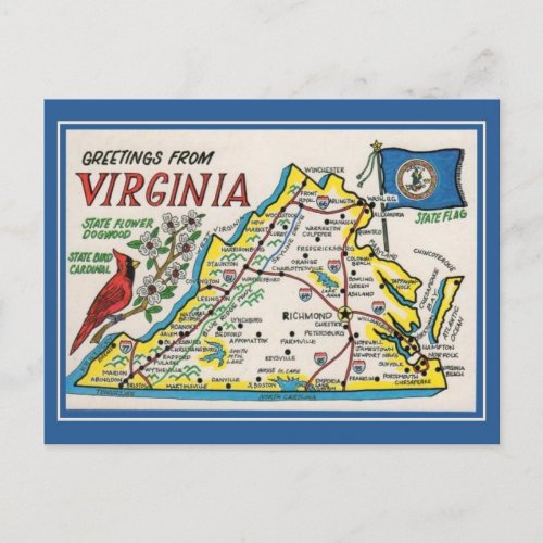 Vintage greetings Virginia map state flower bird Postcard