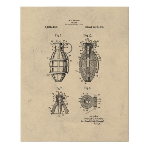 Vintage Grenade Patent Faux Canvas Print