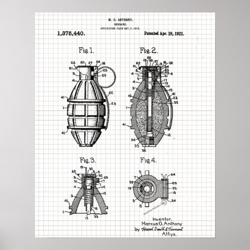 Vintage Grenade Patent Grid Poster
